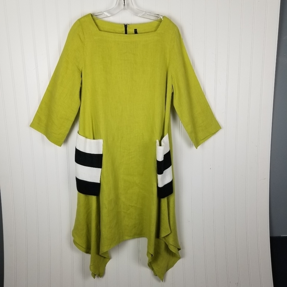 IC By Connie K Womens Linen Asymmetrical Hem Dress Size Medium Green Lagenlook